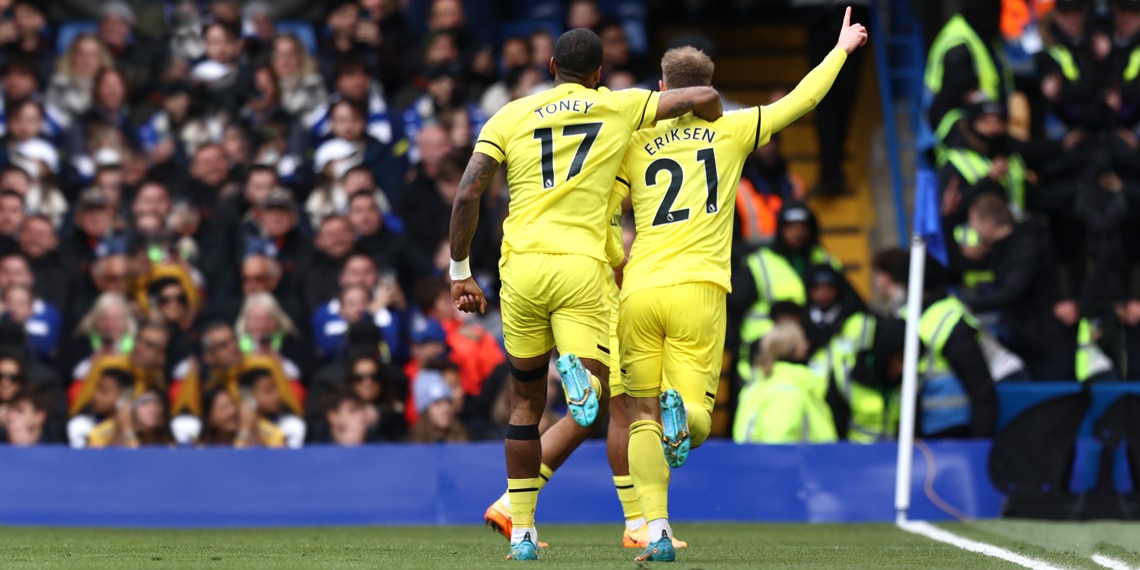 Christian Eriksen of Brentford celebrates after scoring their side's second goal with Ivan Toney