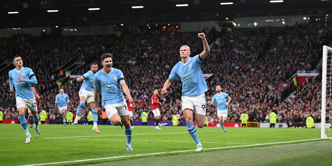 Erling Haaland celebrates his first goal during the Manchester Derby