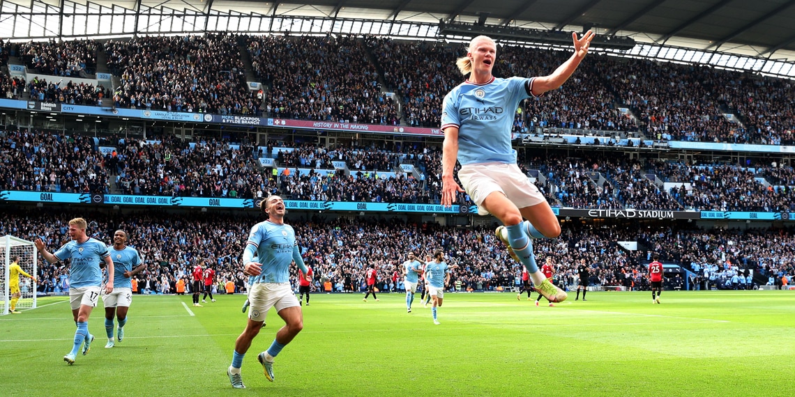 Erling Haaland celebrates Manchester City's second goal during the Manchester derby