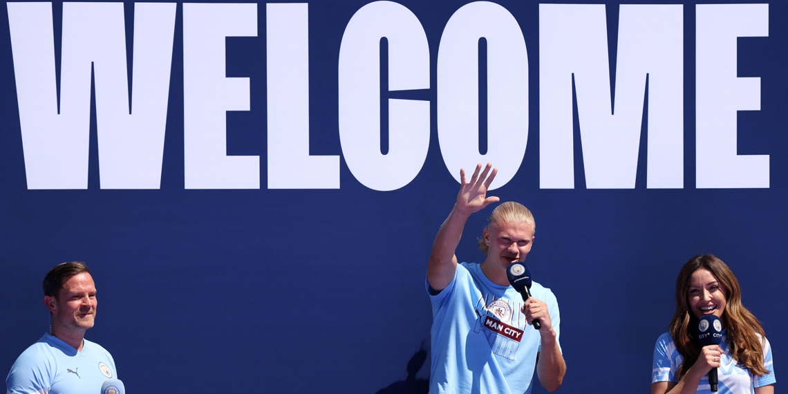 Erling Haaland of Manchester City waves to the fans during the Manchester City Summer Signing Presentation Event