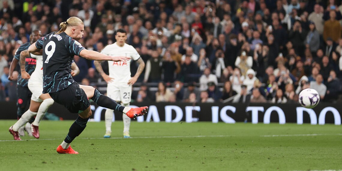Erling Haaland scores Manchester City's second goal from a penalty kick during the match with Tottenham Hotspur