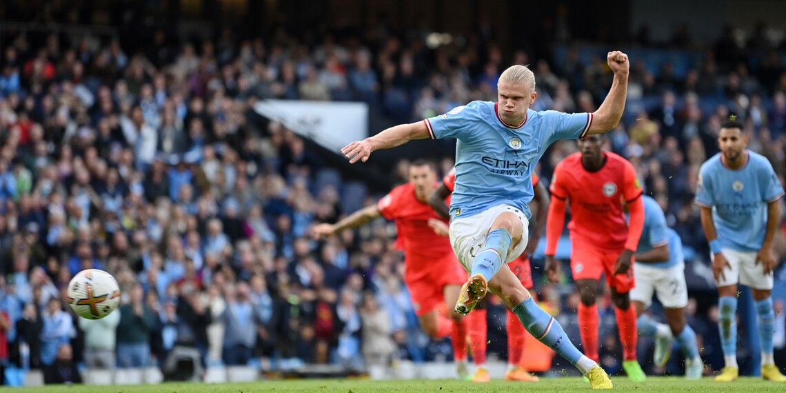Erling Haaland scores Manchester City's second goal from the penalty spot during the match between Manchester City and Brighton & Hove Albion