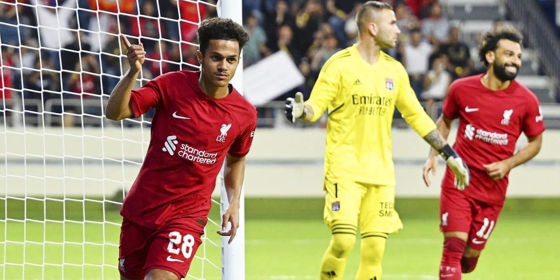 Fabio Carvalho of Liverpool celebrates after scoring the first goal at Al Maktoum Stadium