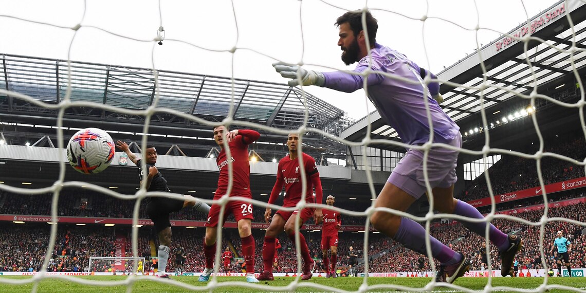 Gabriel Jesus scores Arsenal's second goal as Alisson Becker of Liverpool fails to make a save