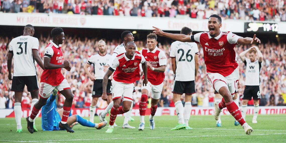 Gabriel Magalhaes celebrates scoring Arsenal's second goal with team mates