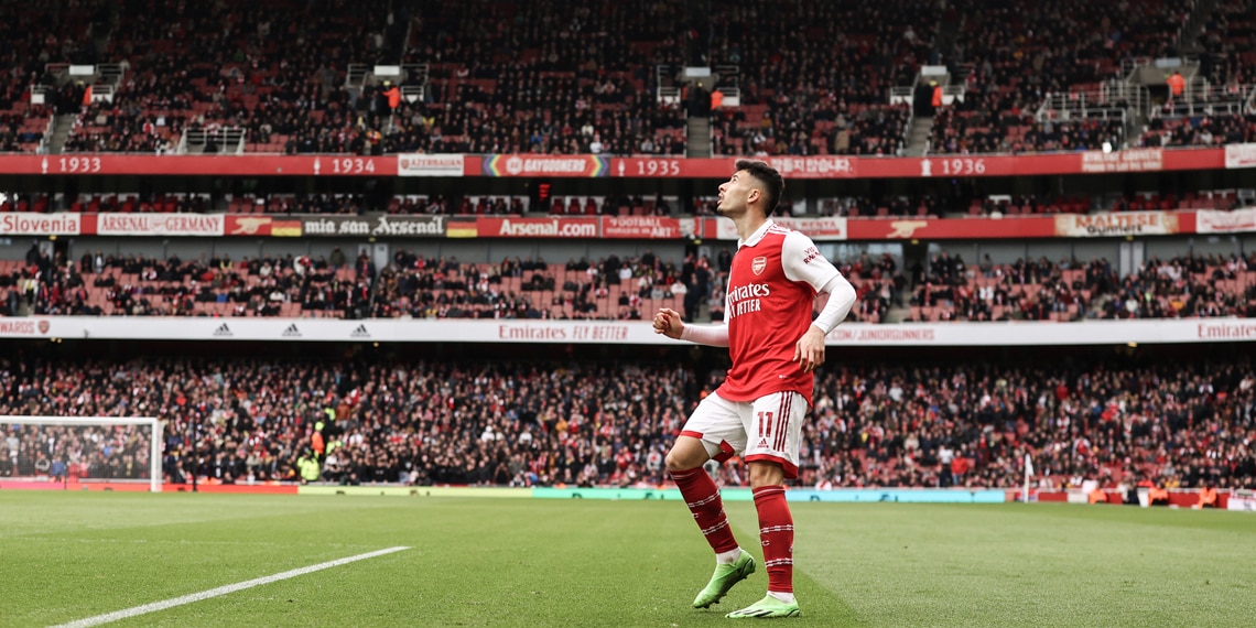 Gabriel Martinelli of Arsenal runs for the ball