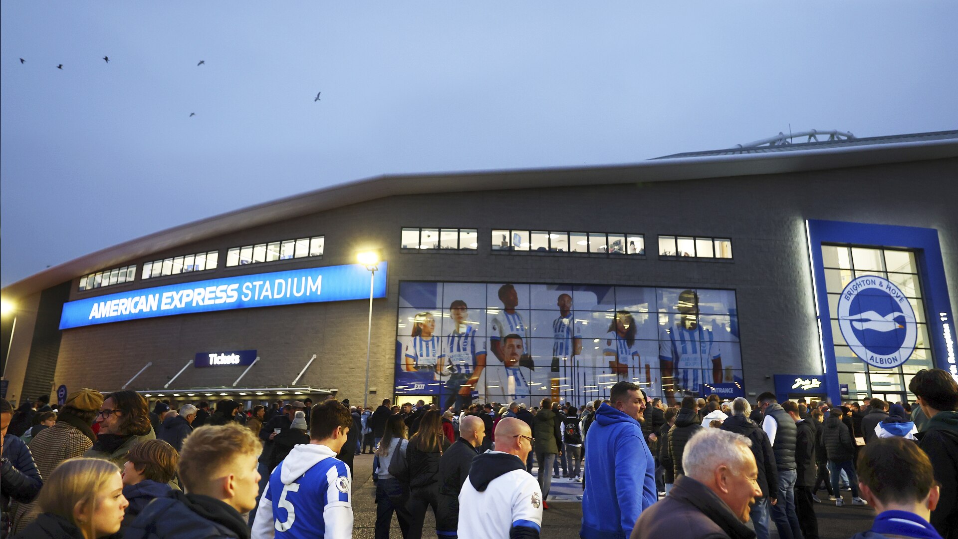 General view outside the stadium as fans arrive prior to the Premier League match between Brighton & Hove Albion FC and Manchester City