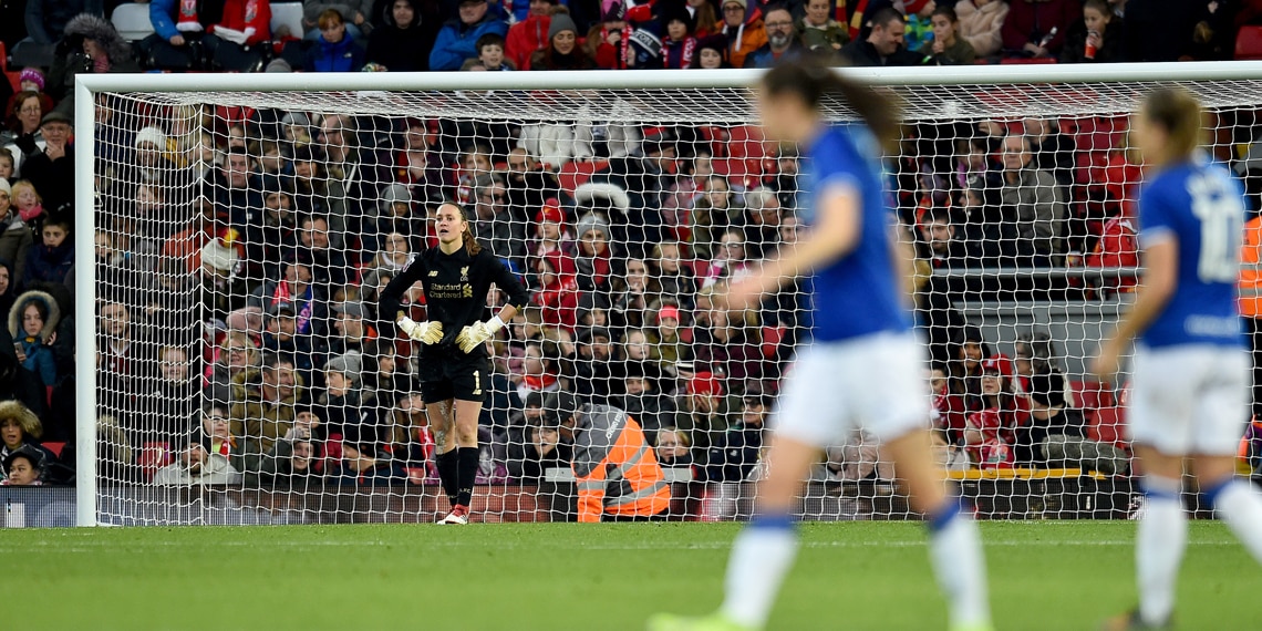 Anke Preuss of Liverpool Women dejected after Lucy Graham of Everton Women scores the opening goal