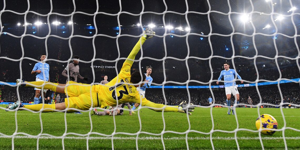 Guglielmo Vicario fails to make a save as Jack Grealish scores the Manchester City's third goal