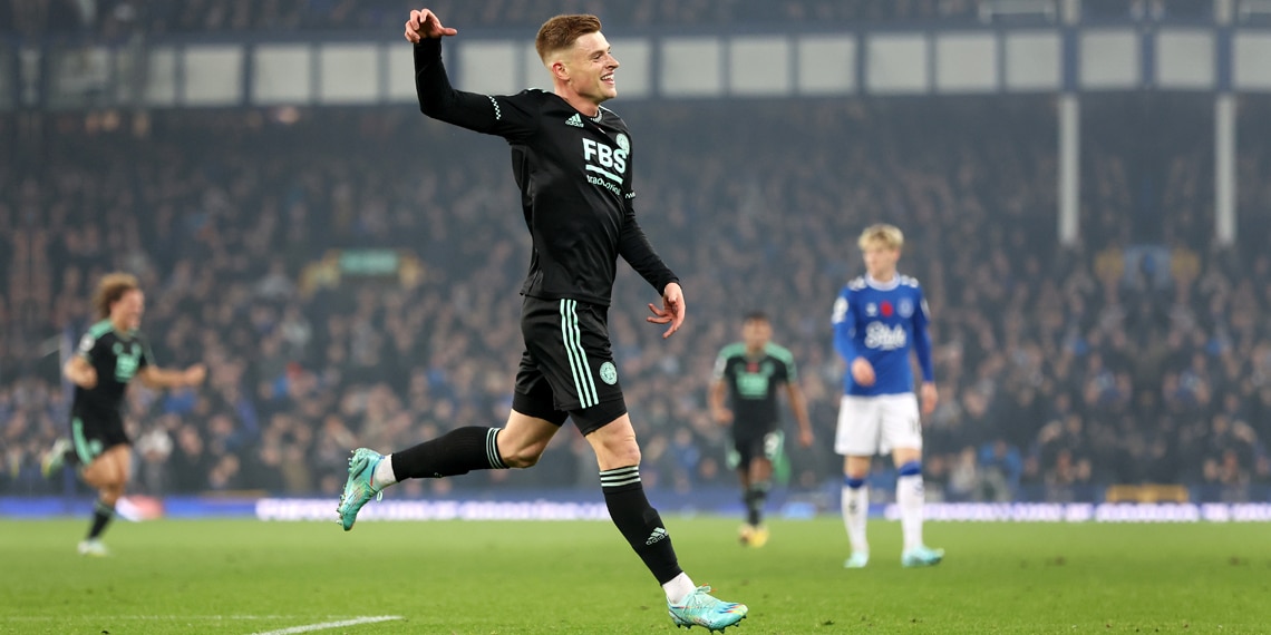 Harvey Barnes celebrates after scoring Leicester City's second goal during the Premier League match between Everton FC and Leicester City