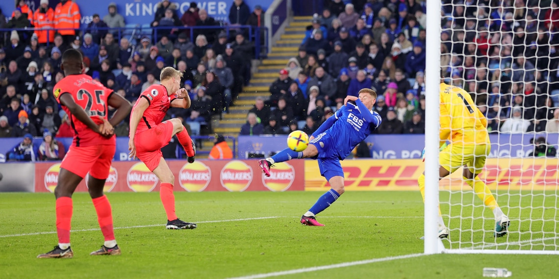 Harvey Barnes scores to make it 2-1 during the match between Leicester City and Brighton & Hove Albion