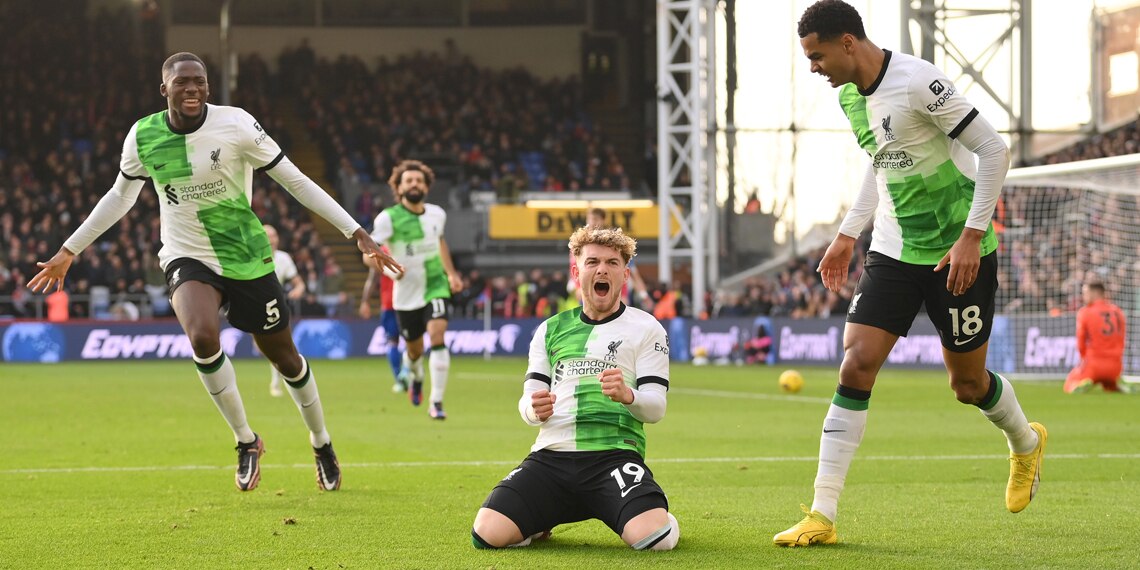Harvey Elliott celebrates with Ibrahima Konate and Cody Gakpo after scoring Liverpool's second goal during the match between Crystal Palace and Liverpool