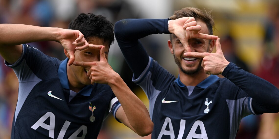 Heung-Min Son celebrates with James Maddison after scoring the Tottenham Hotspur's fourth goal during the match between Burnley FC and Tottenham Hotspur