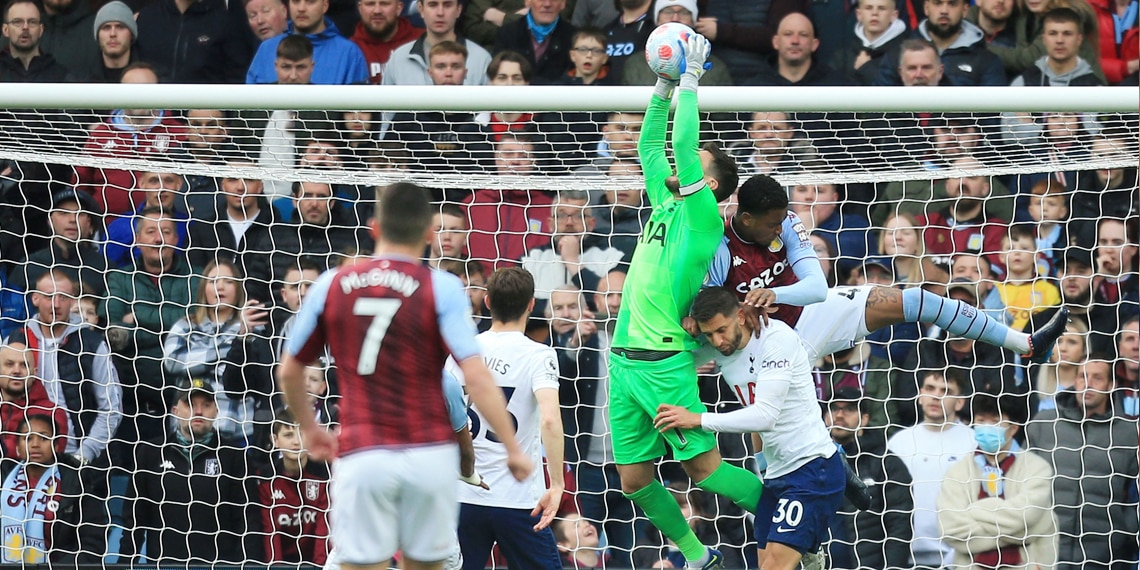 Hugo Lloris jumps to make a save during the match between Aston Villa and Tottenham Hotspur