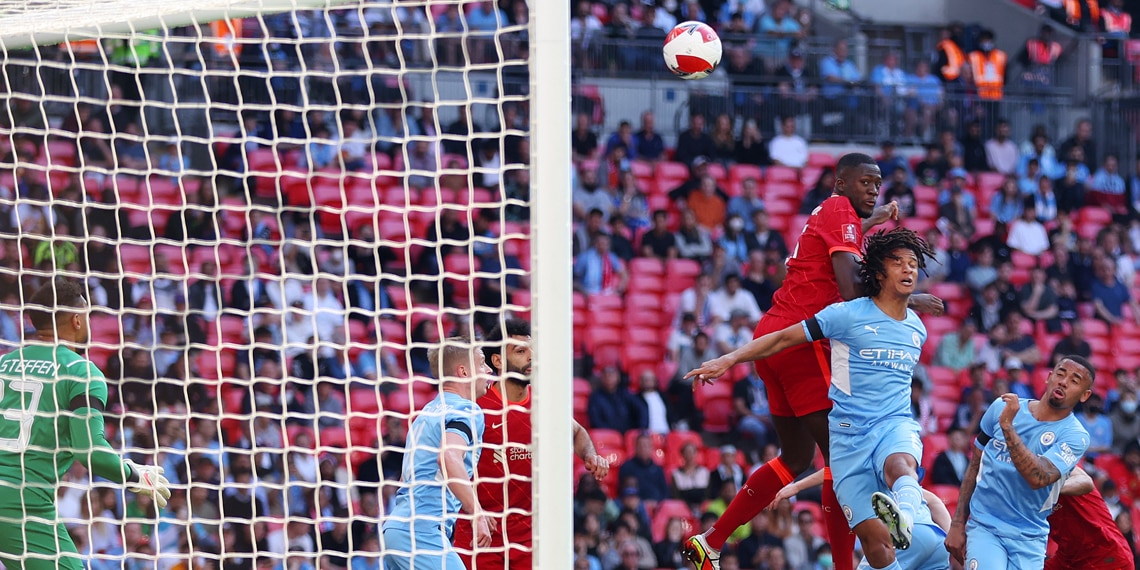 Ibrahima Konate of Liverpool scores their side's first goal past Zack Steffen of Manchester City