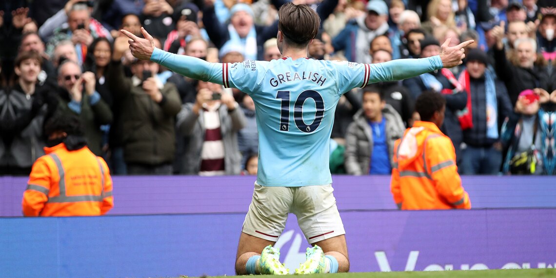 Jack Grealish celebrates after scoring Manchester City's fourth goal during the match between Manchester City and Liverpool FC