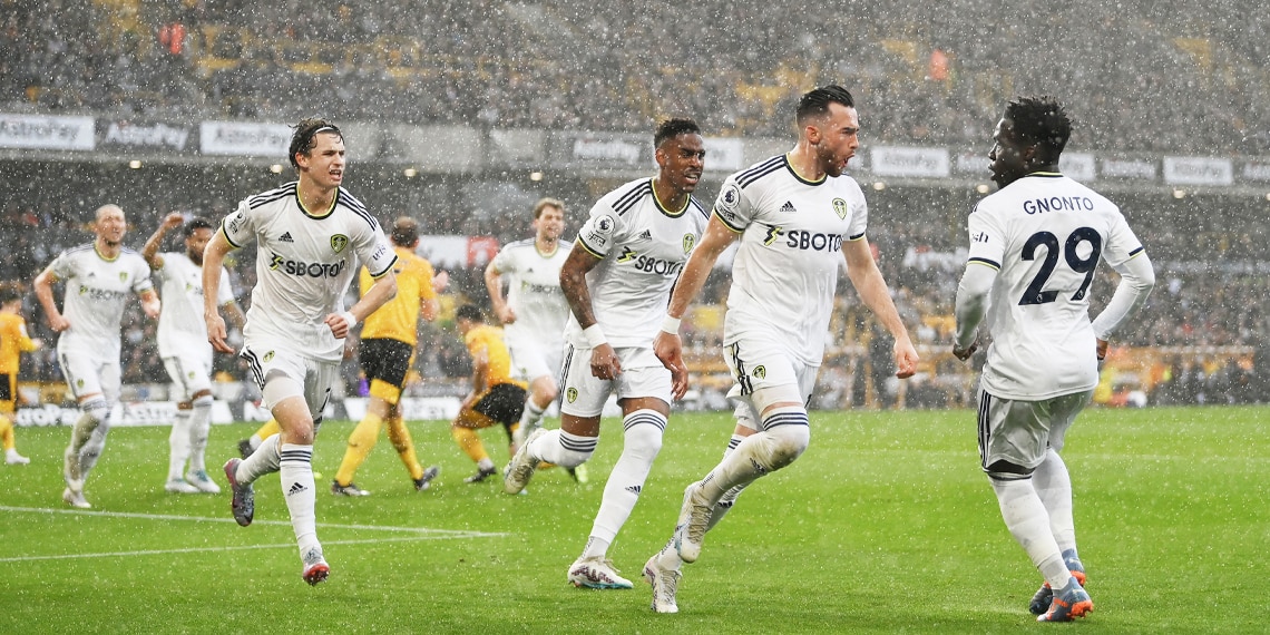 Jack Harrison of Leeds United celebrates with teammate Wilfried Gnonto