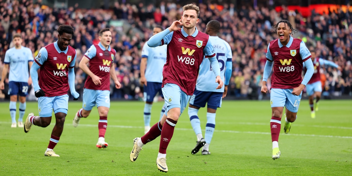 Jacob Bruun Larsen celebrates scoring Burnley's first goal during the match with Brentford