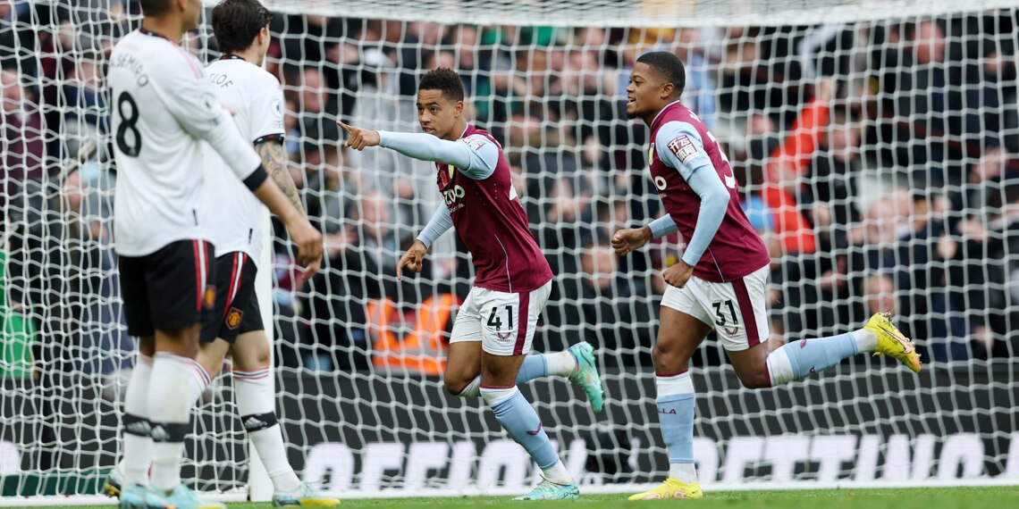Jacob Ramsey scores for Aston Villa during the Premier League match between Aston Villa and Manchester United