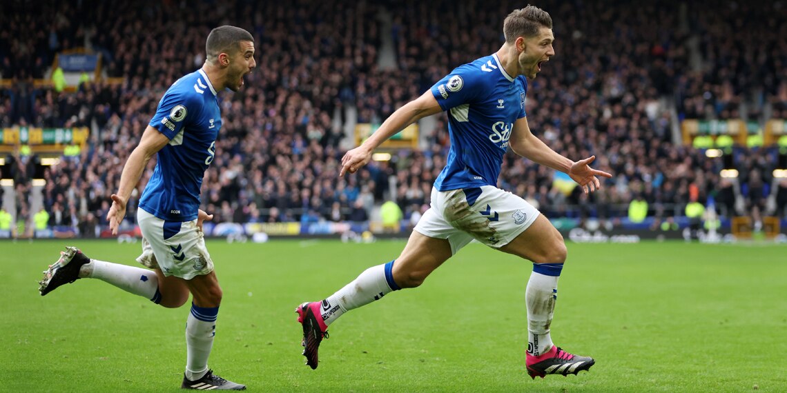 James Tarkowski celebrates after scoring Everton's first goal during the Premier League match between Everton FC and Arsenal FC