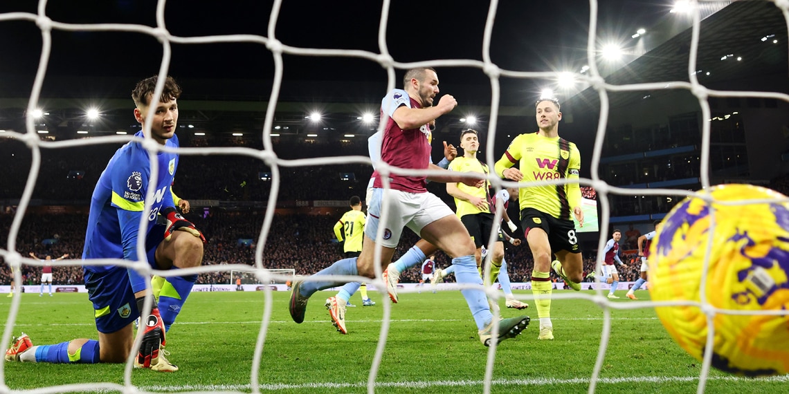 James Trafford looks on after Douglas Luiz scores Aston Villa's third goal during the match between Aston Villa and Burnley FC