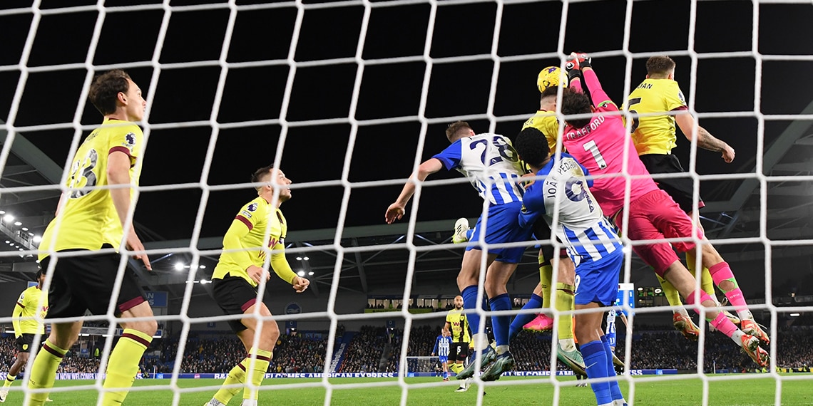 James Trafford punches the ball away during the match between Brighton & Hove Albion and Burnley