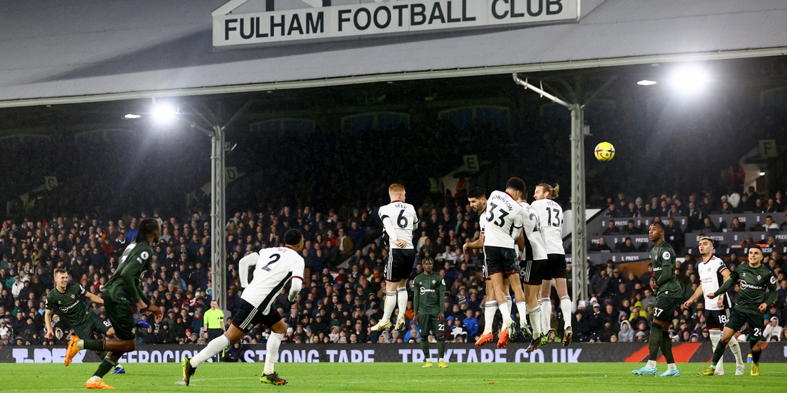 James Ward-Prowse scores from a free kick to make the score 1- 1 during the match between Fulham and Southampton