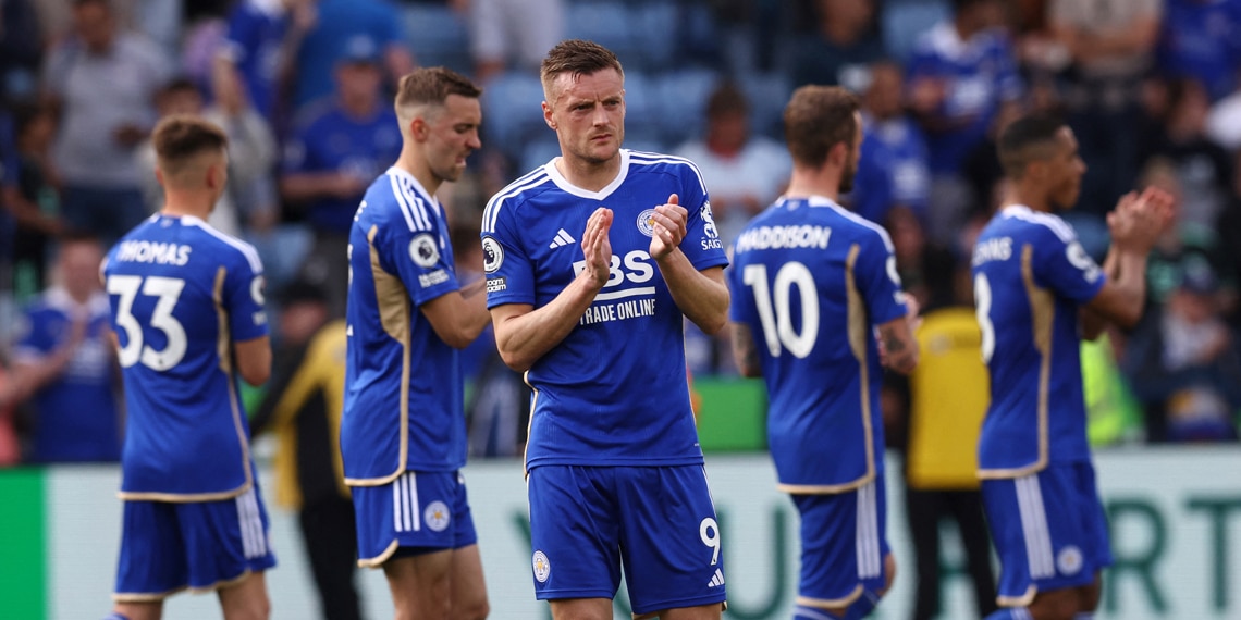 Jamie Vardy reacts at the end of the match between Leicester City and West Ham United