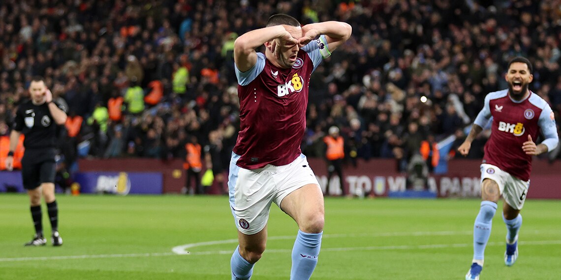 John McGinn celebrates scoring Aston Villa's first goal during the match between Aston Villa and Arsenal