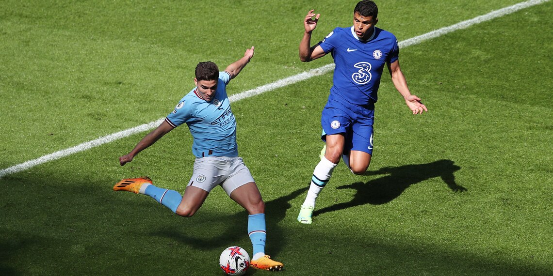 Julian Alvarez scores Manchester City's first goal during the match between Manchester City and Chelsea FC