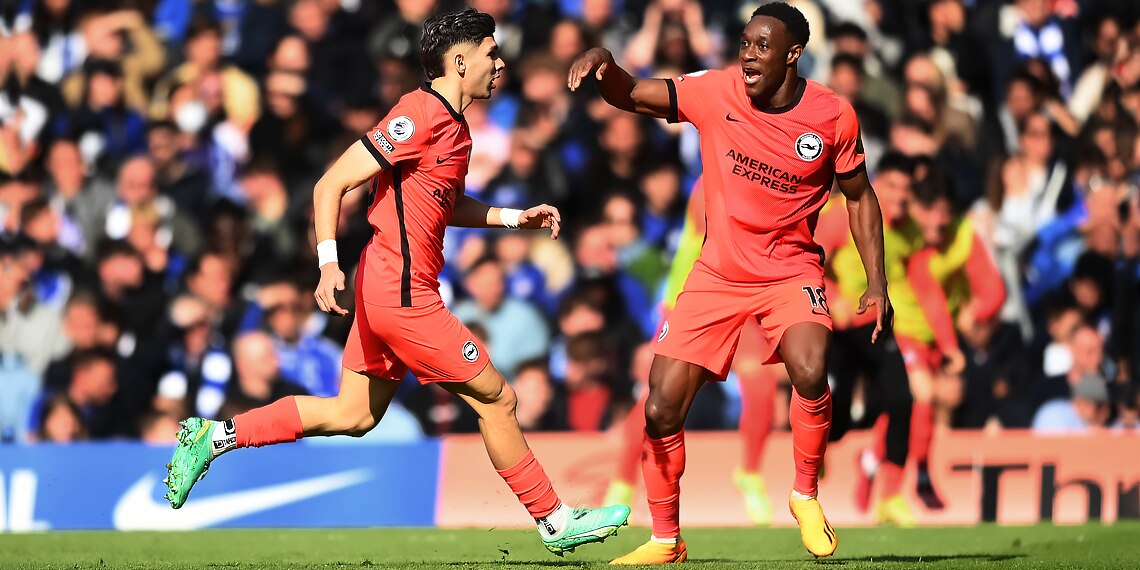 Julio Enciso celebrates after scoring Brighton's second goal during the match between Chelsea and Brighton & Hove Albion