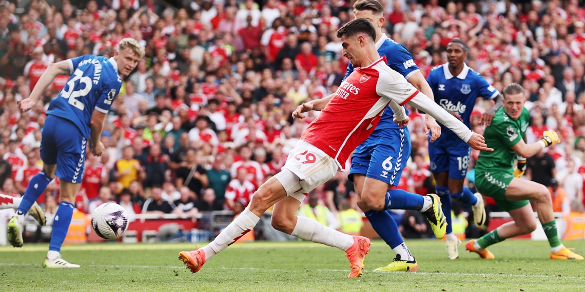Kai Havertz scores Arsenal's second goal during the match with Everton