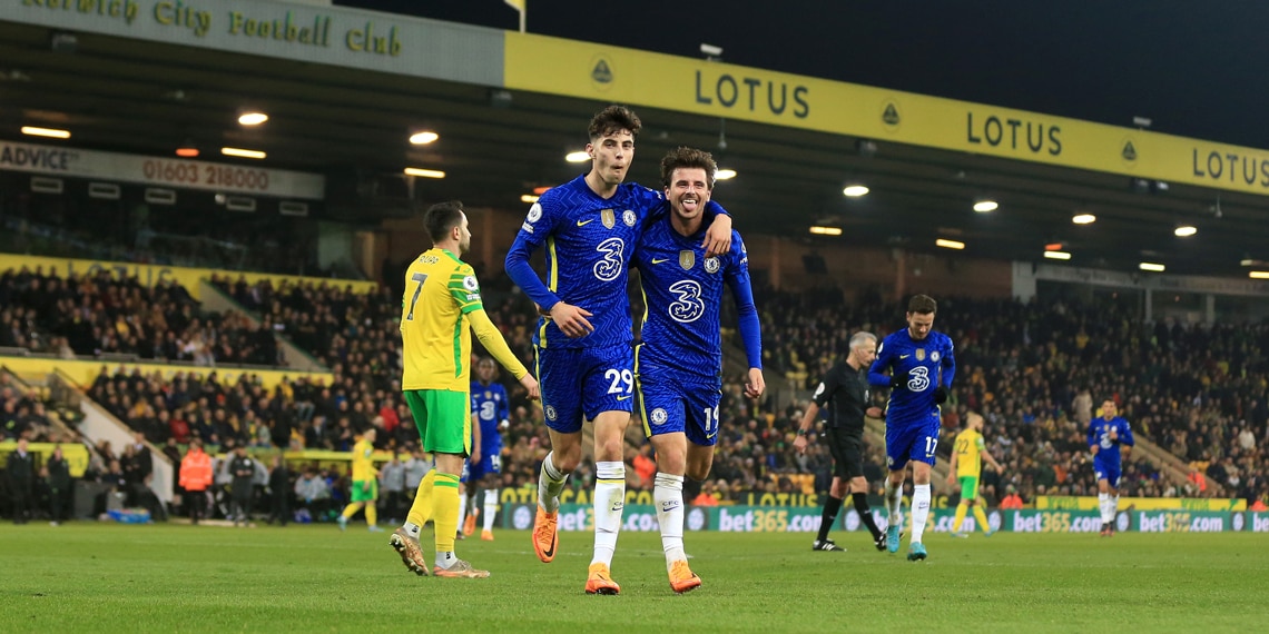 Kai Havertz celebrates with Mason Mount of Chelsea after scoring their team's third goal