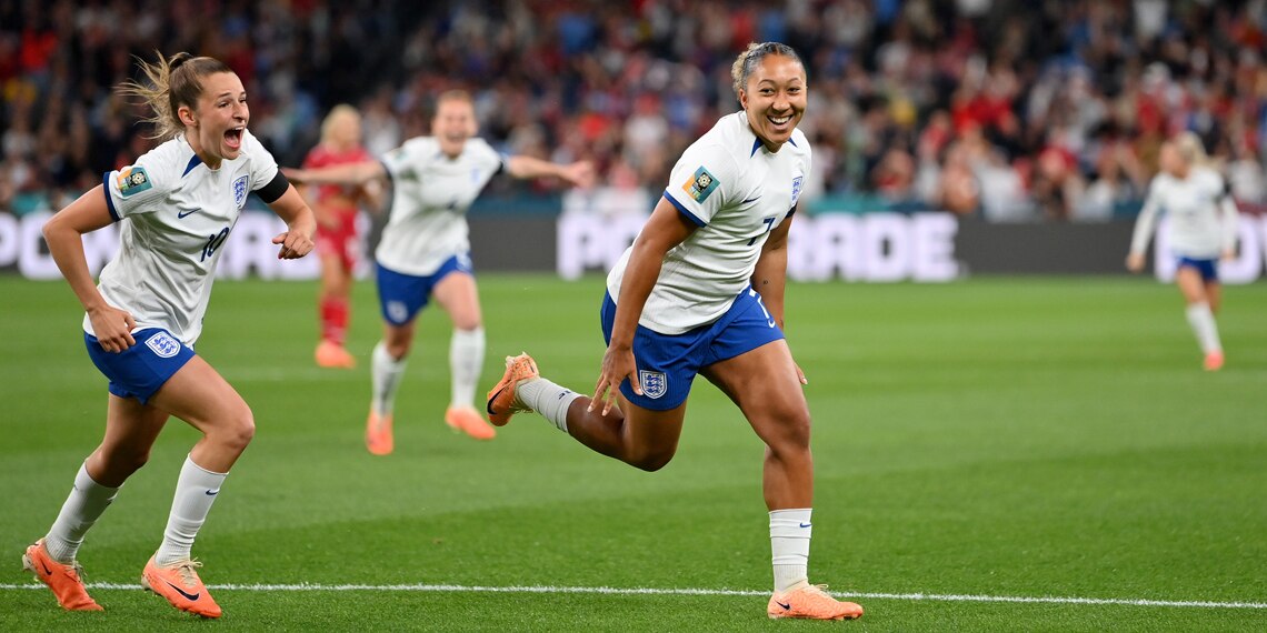 Lauren James of England celebrates scoring the first goal during the FIFA Women's World Cup against Denmark