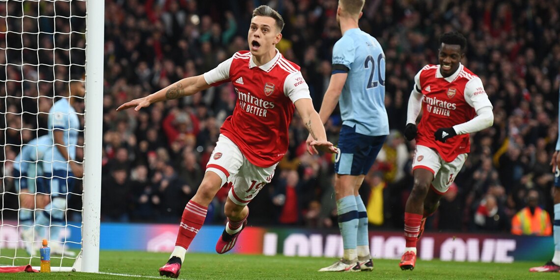 Leandro Trossard celebrates scoring for Arsenal against Brentford FC