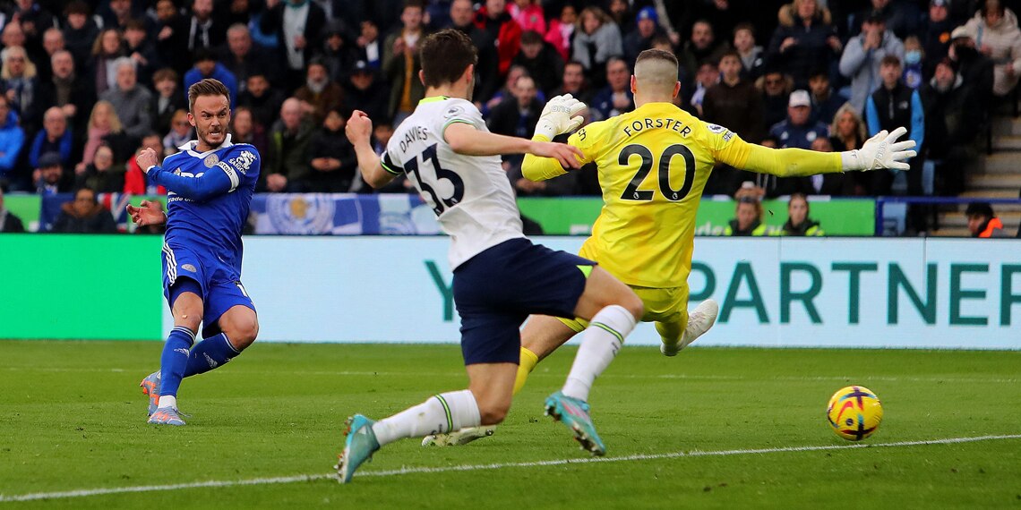 Leicester City's James Maddison scores the team's second goal past Tottenham Hotspur