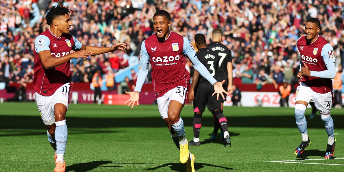 Leon Bailey celebrates after scoring Aston Villa's first goal during the match between Aston Villa and Brentford FC