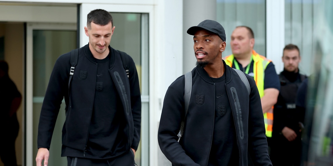 Lewis Dunk and Ivan Toney of England look on upon arrival ahead of the UEFA EURO 2024 Germany at Erfurt airport