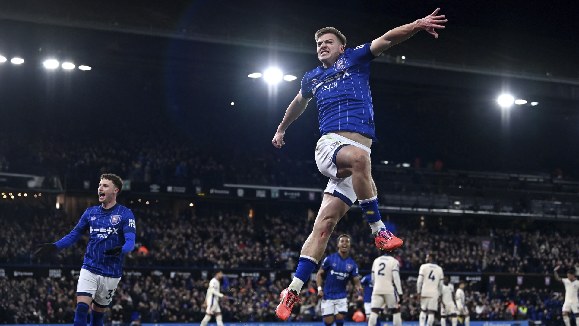 Liam Delap celebrates scoring Ipswich Town's first goal