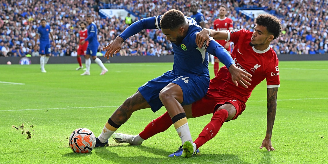 Luis Diaz with Reece James during the Premier League match between Chelsea FC and Liverpool FC