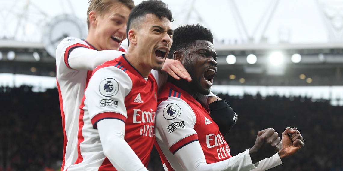 Thomas Partey celebrates scoring for Arsenal with Gabriel Martinelli and Martin Odegaard