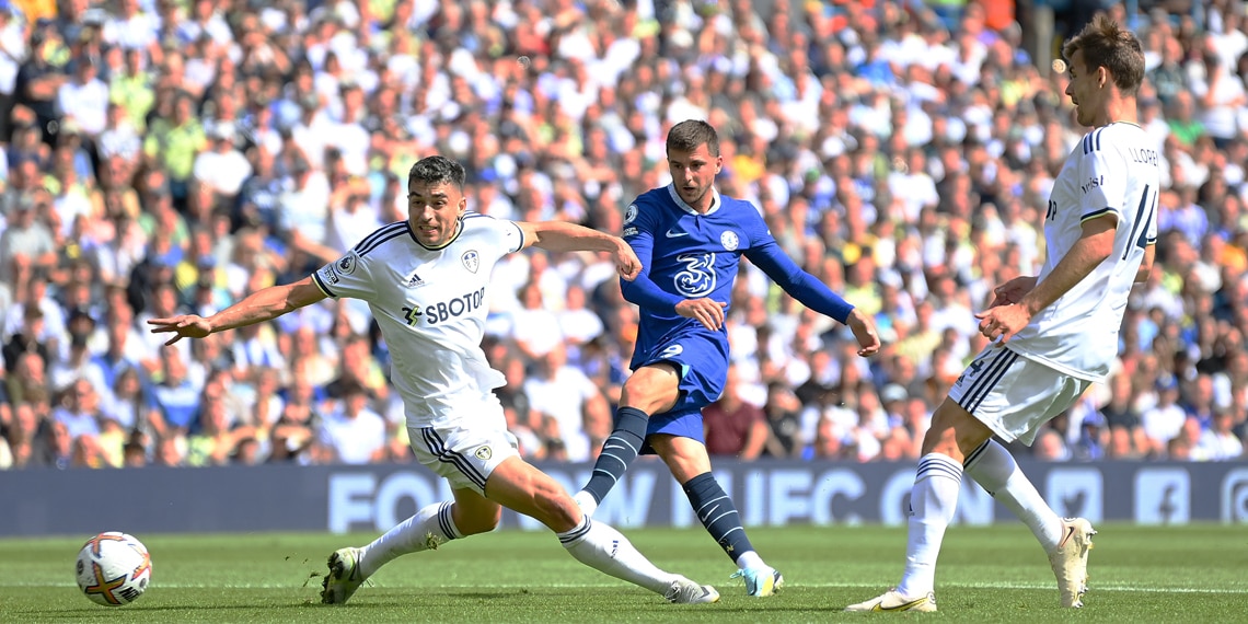 Mason Mount has a shot on goal during the match between Leeds United and Chelsea FC