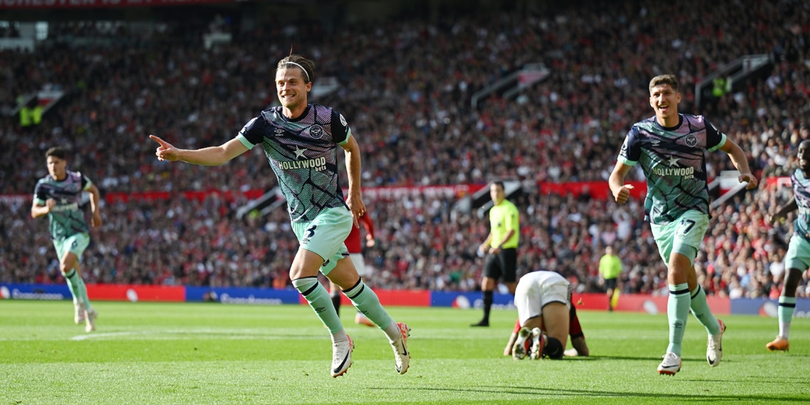 Mathias Jensen celebrates after scoring Brentford's first goal during the match with Manchester United