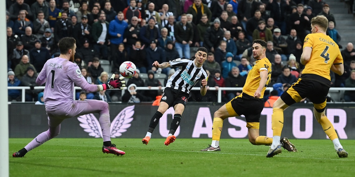 Miguel Almiron scores Newcastle United's second goal during the match with Wolverhampton Wanderers