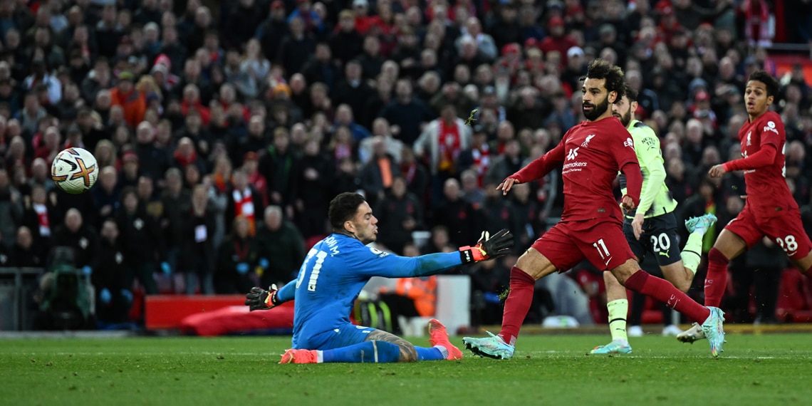 Mohamed Salah scores for Liverpool during the against Manchester City
