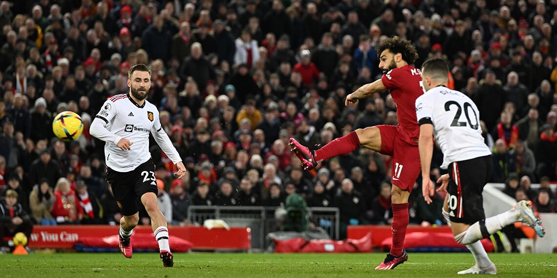 Mohamed Salah scores Liverpool's fourth goal against Manchester United