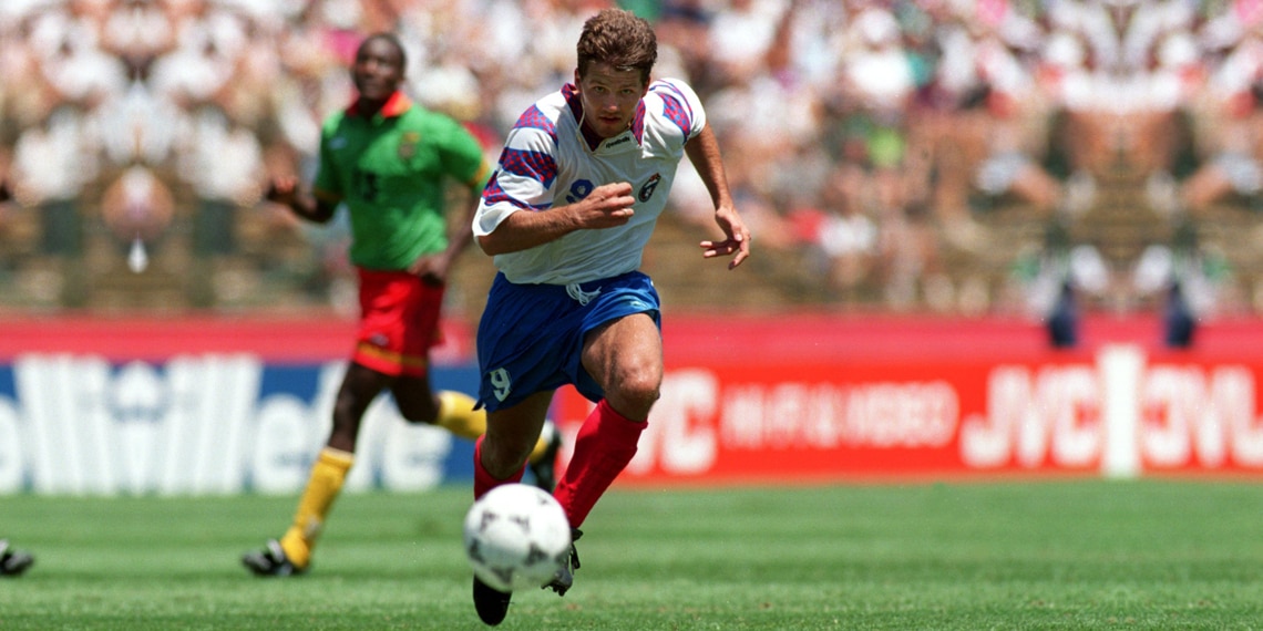 Oleg Salenko dribbles the ball during Russia's 6-1 victory over Cameroon