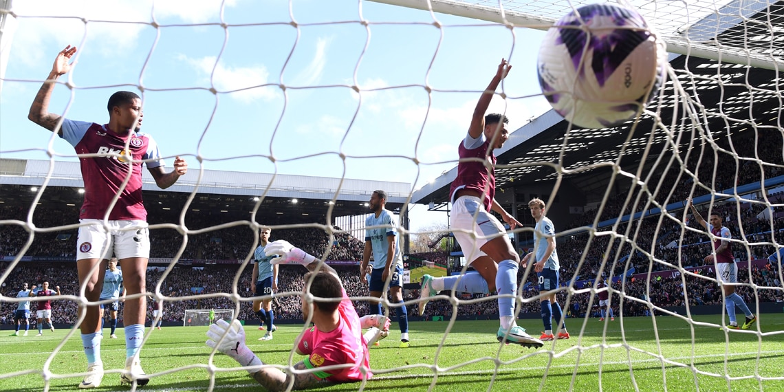 Ollie Watkins celebrates scoring Aston Villa's first goal during the match with Brentford FC