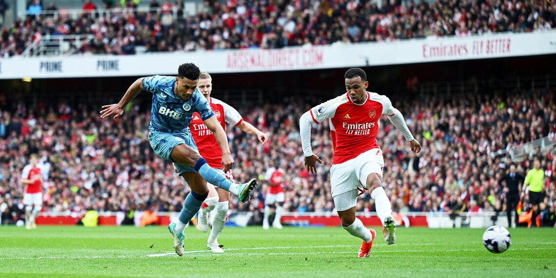 Ollie Watkins shoots for Aston Villa during the Premier League match with Arsenal