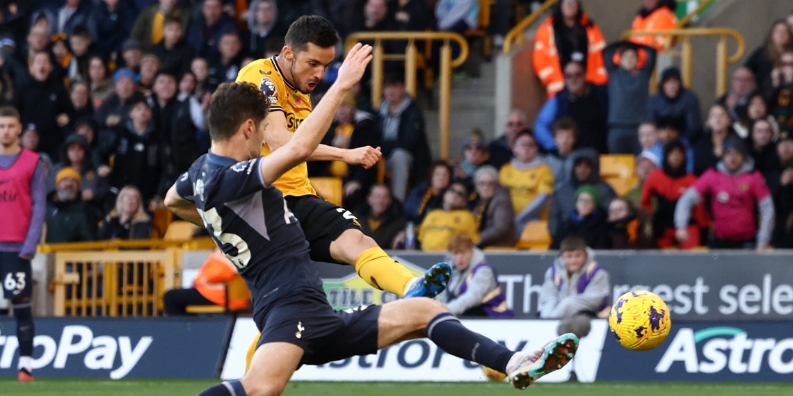 Pablo Sarabia shoots to score Wolverhampton Wanderers' first goal during the match with Tottenham Hotspur